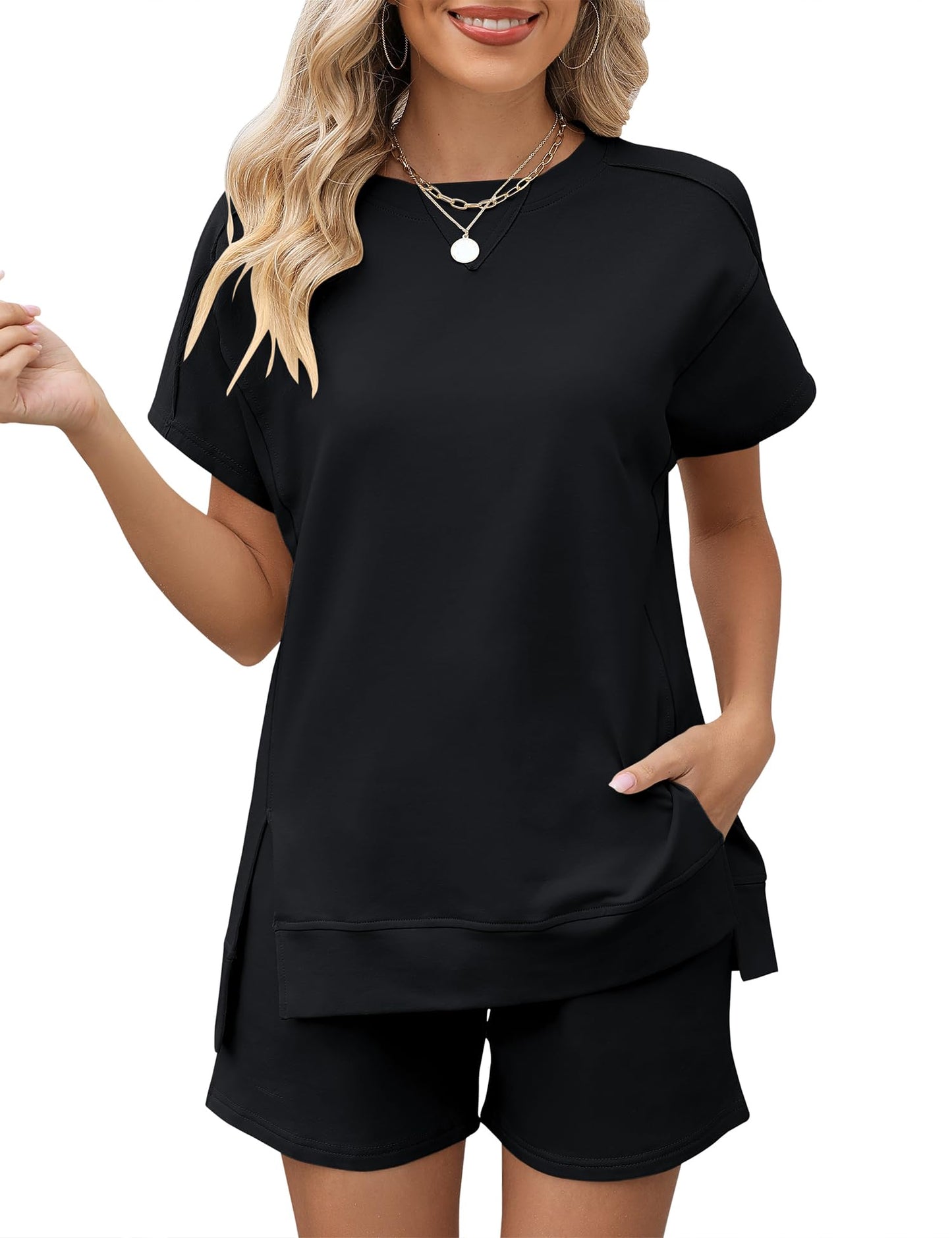 LOMON Womens 2 Piece Outfits Comfy Short Sleeve Lounge Wear Set Fashion Summer Shorts Tops with Pockets(BlackXXL)
