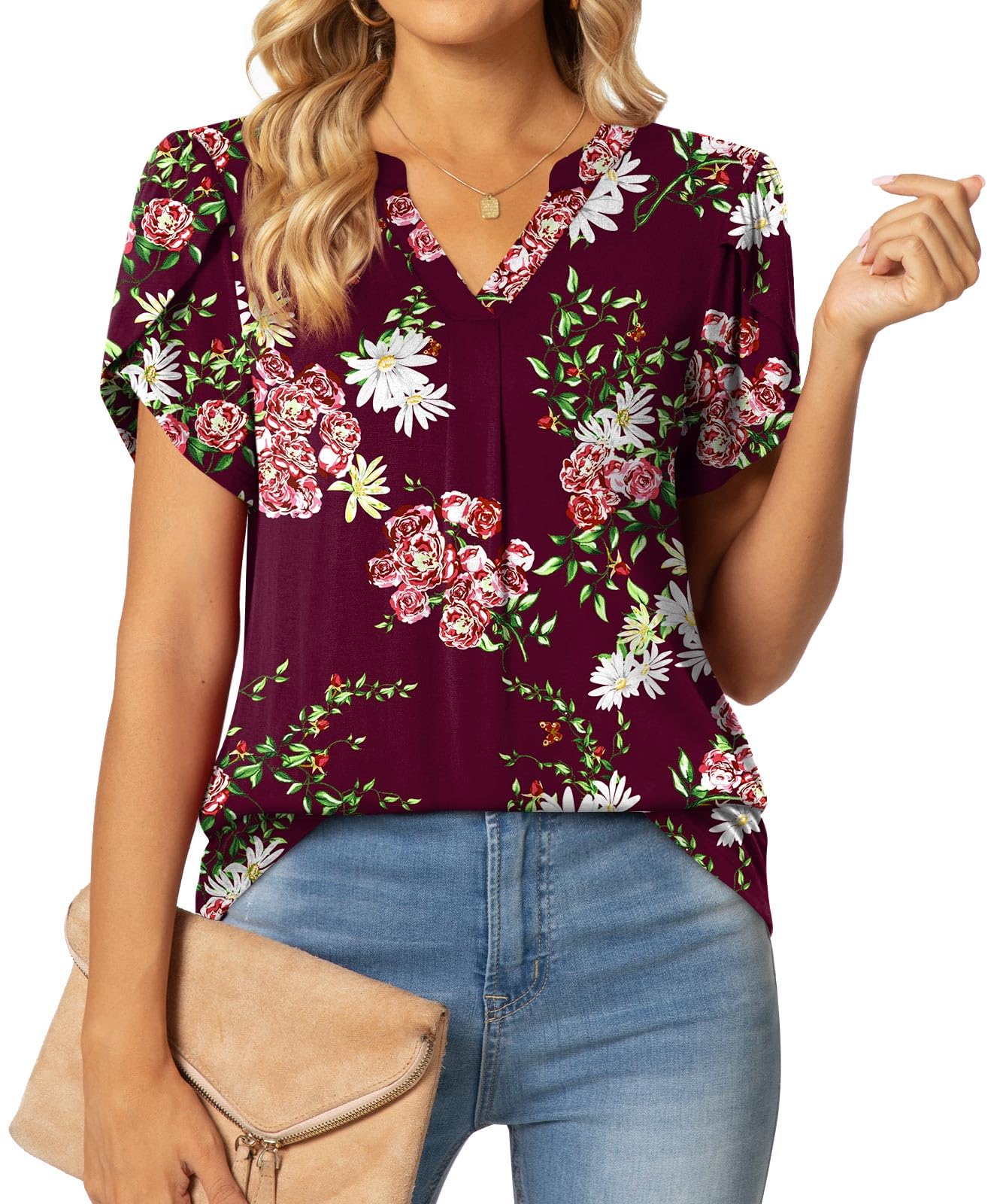 Petal Sleeve V-Neck Blouse for Women - Floral Wine