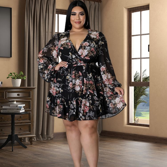 Plus Size V-Neck Floral Chiffon Dress