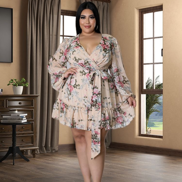 Plus Size V-Neck Floral Chiffon Dress