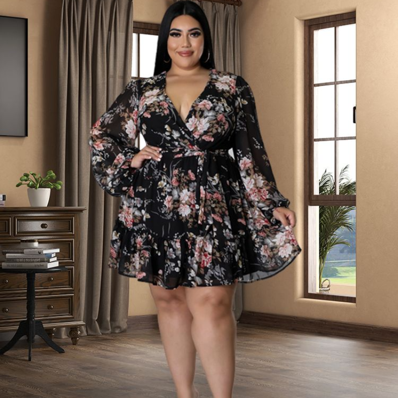 Plus Size V-Neck Floral Chiffon Dress